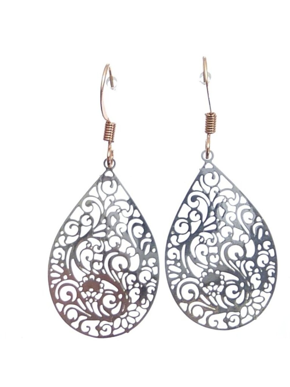 Teardrop Filigree Earrings Rose Gold Tone Hooks - Picture 2 of 3